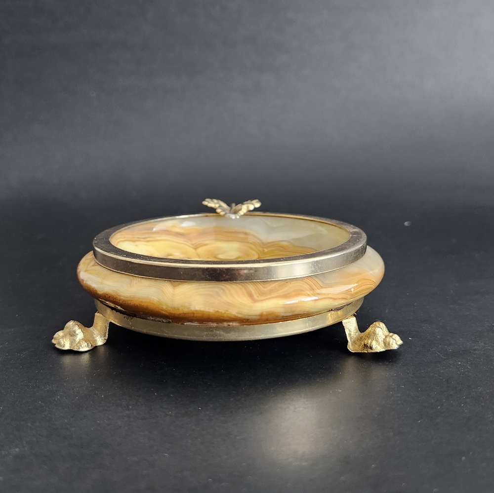 Vintage Natural Onyx Marble & Brass Ashtray, Stone Jewelry holder, Jewelry Dish